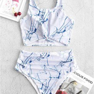 Knot Ruched Marble Print High Waisted Swimsuit